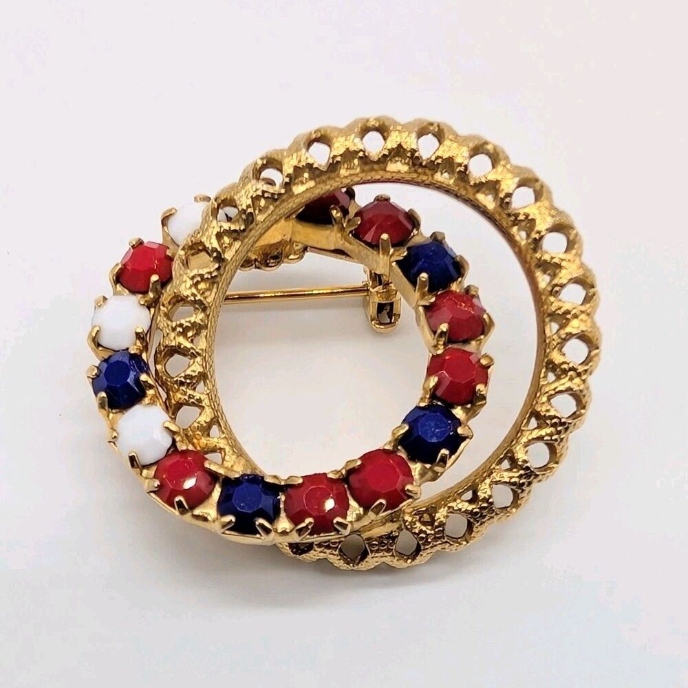 Gold Tone Round Swirl Brooch Pin Red Blue White Acrylic Stones 1.25 in